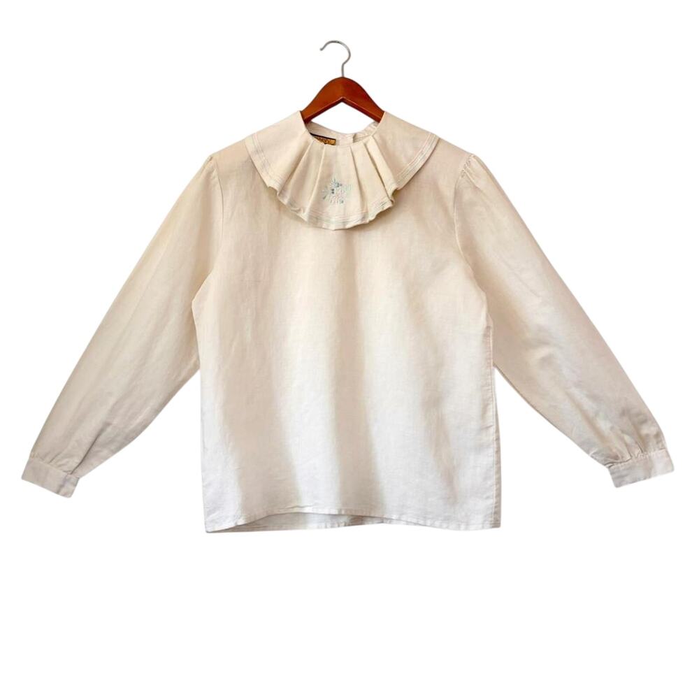 Vintage Bryn Connelly Cream Linen Shirt w/ Oversized Collar- Large, Cottage Core